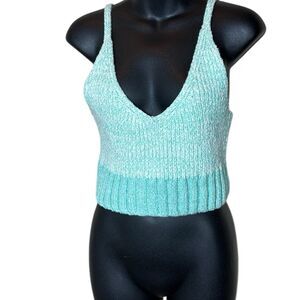 Free people women’s small knit brami crop tank green/white ribbed v neck